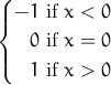 (
|{ - 1 if x < 0
    0 if x = 0
|(
    1 if x > 0 